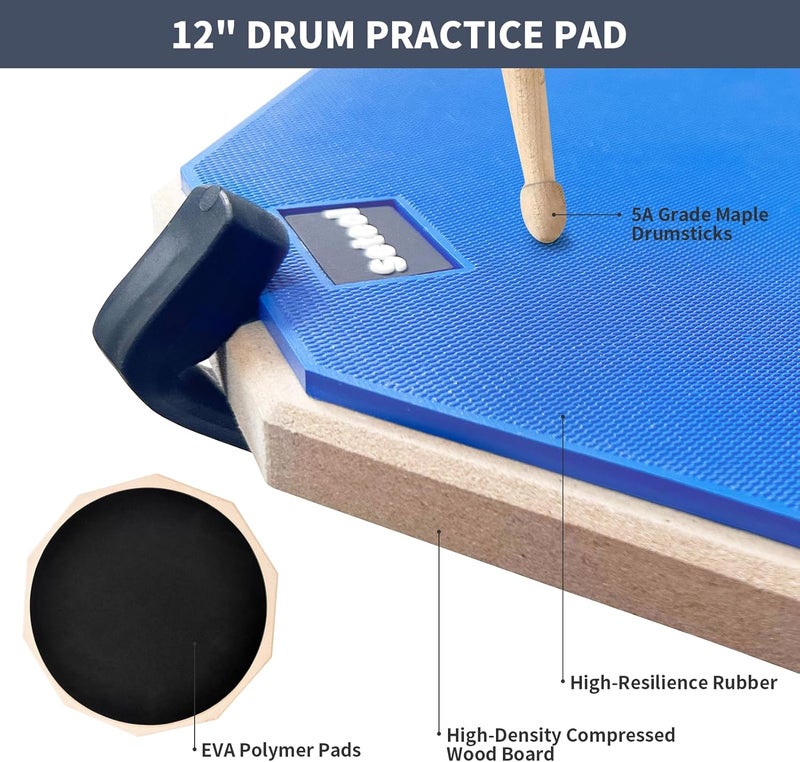 Seteol Drum Practice Pad Set, 12 Inch Double Sided Silent Drum Pad with Storage Bag + Adjustable Snare Drum Stand with Carry Bag + 2 Pair Drum Sticks with Drumstick Holder, Fits 10"-14" Drums (Blue) - Image 4
